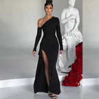 Knitted One-Shoulder Dress 2026 - Long Sleeve Split Dress - DanaFashionstore