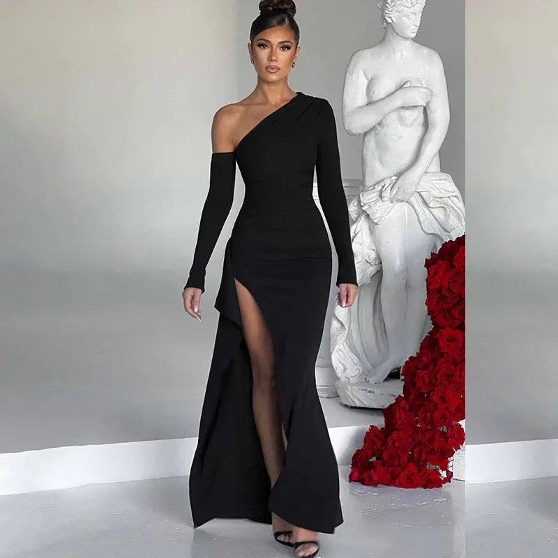 Knitted One-Shoulder Dress 2026 - Long Sleeve Split Dress - DanaFashionstore