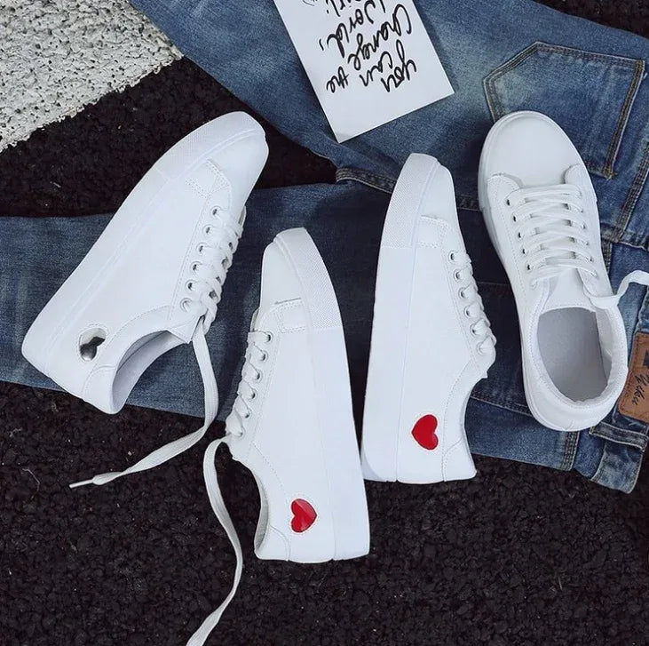 Fashion New Woman PU Leather Shoes Ladies Breathable Cute Heart Flats Casual Shoes White Sneakers - DanaFashionstore