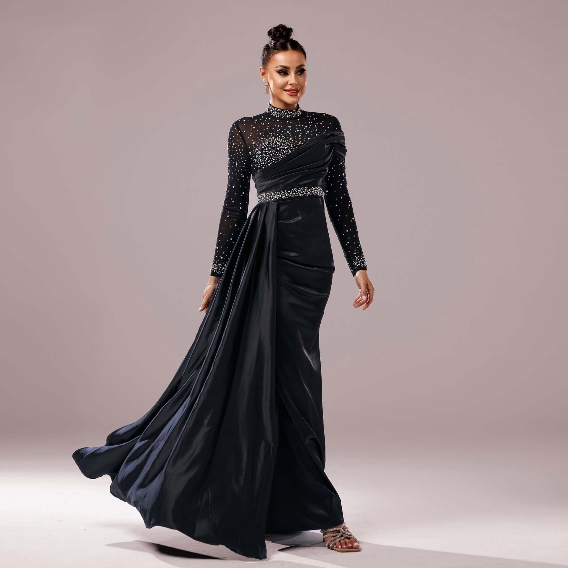 Long Sleeve Slim-fit Sheath Pearl Banquet Fishtail Evening Dress $129.99 Dana Fashion Color: Black Size: L Women's clothing Product information: Pattern: solid color Skirt type: hip skirt Color: Black Waist type: high waist Size: S,M,L,XL Style type: Eleg