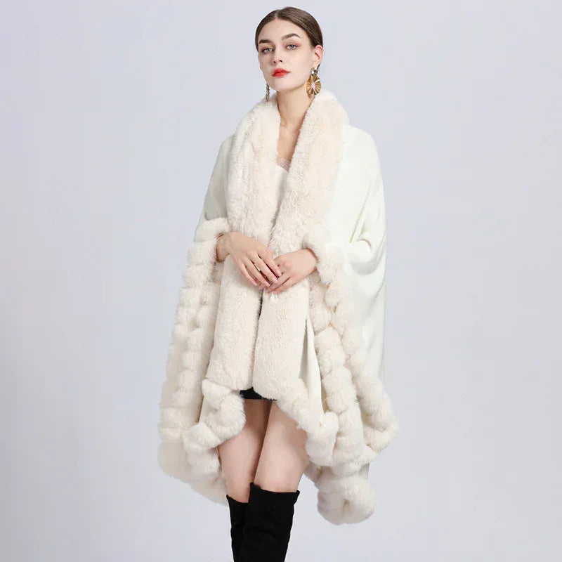 Rex Rabbit Fur Collar Shawl Irregular Oversized Knitted Cardigan Baggy Coat - DanaFashionstore