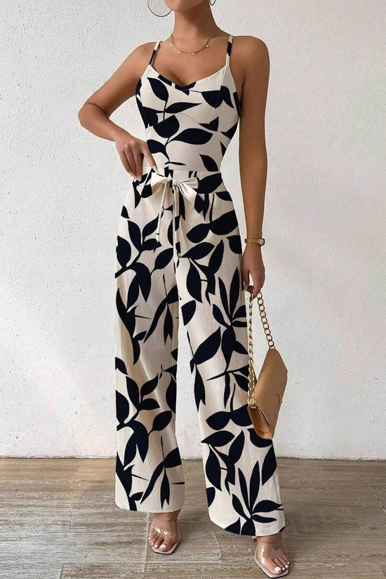 Fashion Floral Print Jumpsuit Elastic Waist Belt Jumpsuit