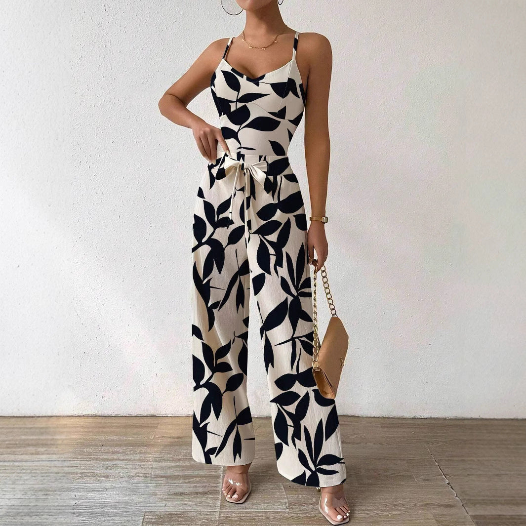 Fashion Floral Print Jumpsuit Elastic Waist Belt Jumpsuit