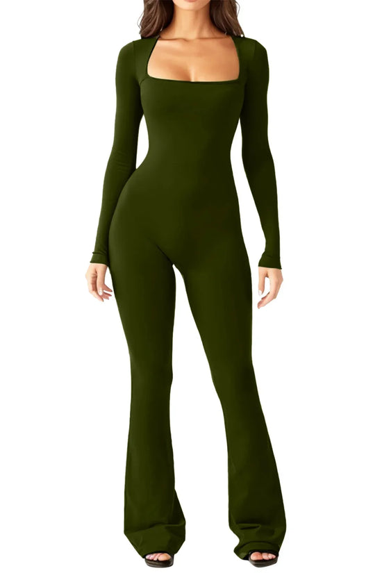 Women Long Sleeve Belly Waist Shaping And Hip Lift Square Collar Wide Leg High Elastic Jumpsuit - DanaFashionstore