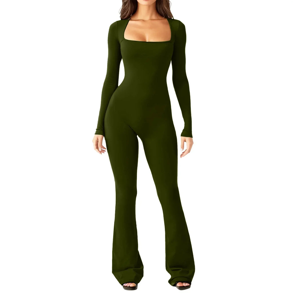 Women Long Sleeve Belly Waist Shaping And Hip Lift Square Collar Wide Leg High Elastic Jumpsuit - DanaFashionstore