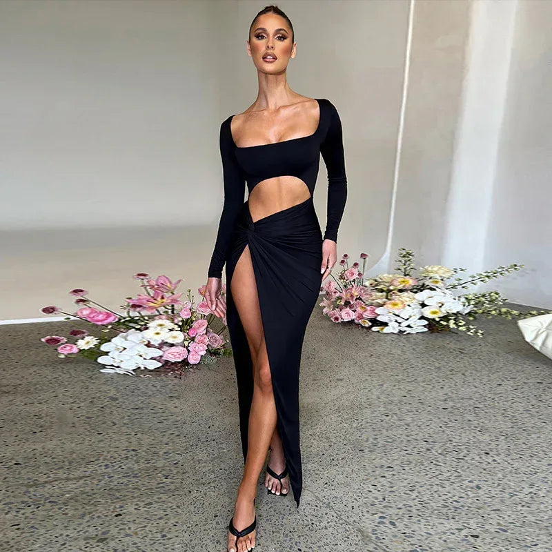 Womens Clothing Long Sleeve Dress Fashion Hollow U-neck Split Dress Party Wedding - DanaFashionstore