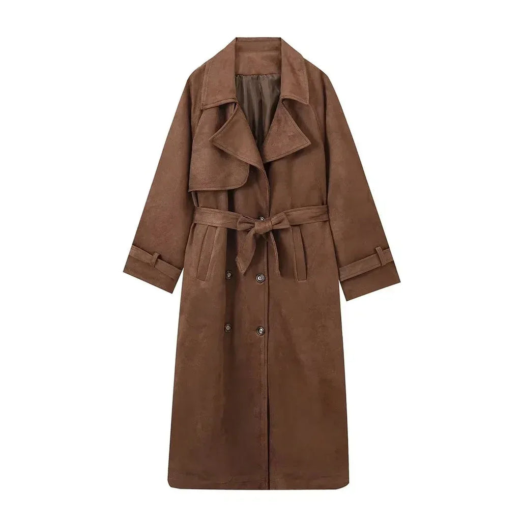 Double Breasted Lapel Shift Coat With Belt Fashion Vintage Suede Long Coat Winter Outwear Women's Clothing - DanaFashionstore