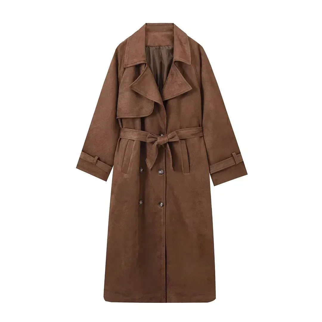 Double Breasted Lapel Shift Coat With Belt Fashion Vintage Suede Long Coat Winter Outwear Women's Clothing - DanaFashionstore