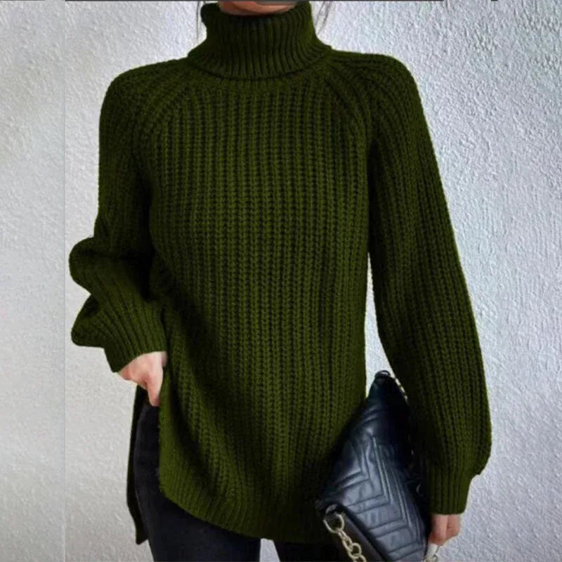 Turtleneck Pullover Sweater With Split Design Fashion Simple Solid Color Long Sleeve Tops Women's Clothing - DanaFashionstore