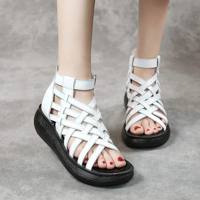 New Ethnic Style Retro Wedge Sandals Women's Casual Bag Heel Sandal Boots Cowhide Fish Mouth Sandals - DanaFashionstore