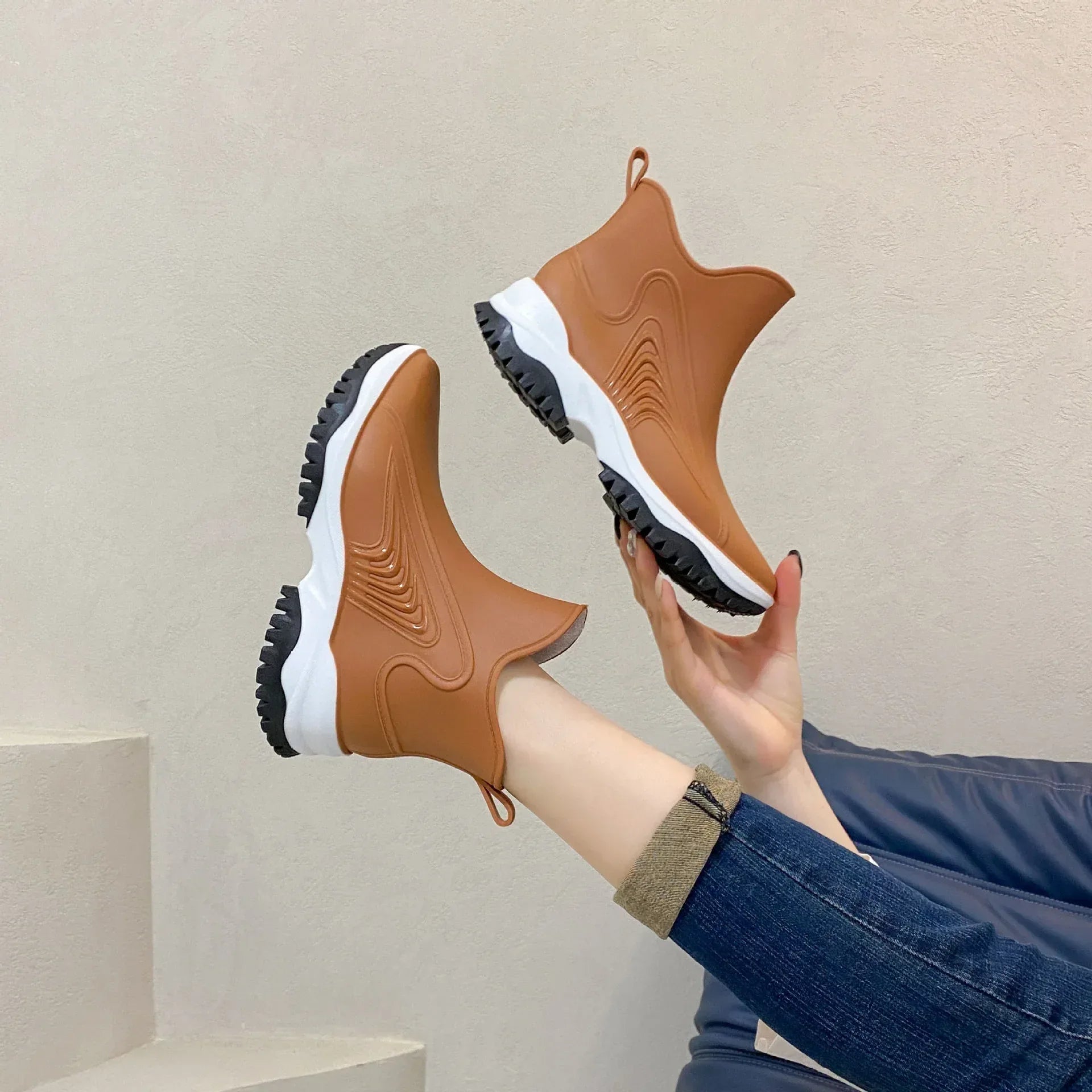 Fashion Color Blocking Thick Sole Low Top Women's Rain Boots - DanaFashionstore