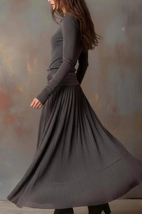 Retro Ribbed Long Dress Long Sleeve Round Neck A-line Skirt - DanaFashionstore