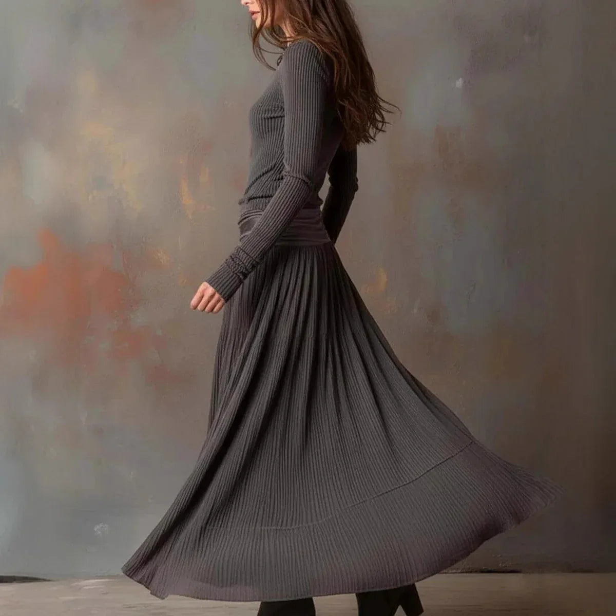 Retro Ribbed Long Dress Long Sleeve Round Neck A-line Skirt - DanaFashionstore