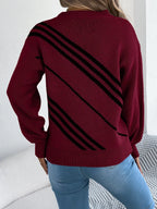 Women Casual Striped Round Neck Lantern Sleeve Long Sleeve Pullover Sweater - DanaFashionstore