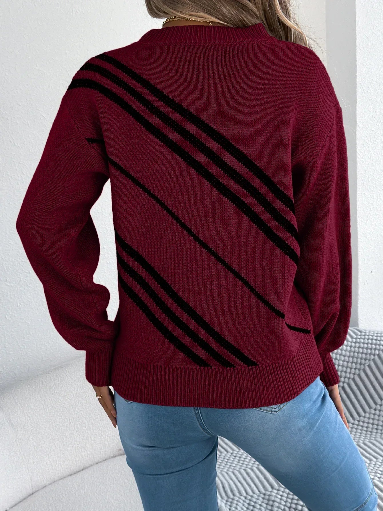 Women Casual Striped Round Neck Lantern Sleeve Long Sleeve Pullover Sweater - DanaFashionstore