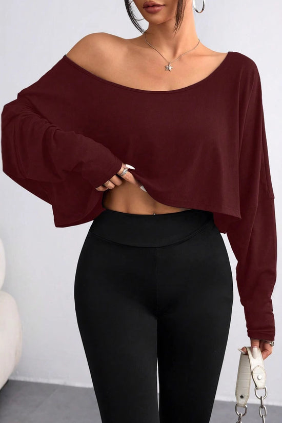 Solid Color Shoulder Long Sleeve Loose-fitting Cropped Top