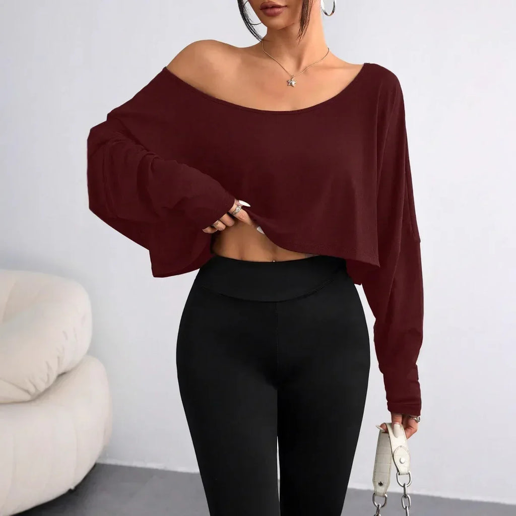 Solid Color Shoulder Long Sleeve Loose-fitting Cropped Top - DanaFashionstore