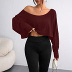 Solid Color Shoulder Long Sleeve Loose-fitting Cropped Top - DanaFashionstore