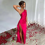 Sexy One-shoulder Backless Slit Dress Summer Elegant Slim-fit Solid Color Satin Dresses For Women - DanaFashionstore