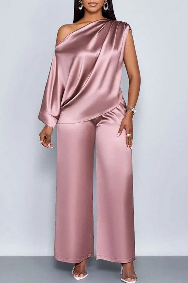 Spot 2026 European And American Cross-border Summer Casual Women's Satin Suit Slanted Collar Short-sleeved Top Trousers Set