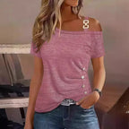 Simplicity Short-sleeved Metal Buckle Printed Top T-shirt - DanaFashionstore