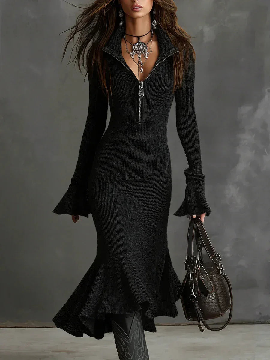 Pleated-collar Flared-sleeve Knitted Mermaid Skirt - DanaFashionstore