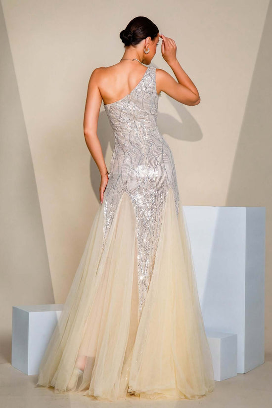 One-shoulder Diagonal Collar Slim-fit Sheath Sequined Slit Evening Dress $139.72 Dana Fashion Color: Apricot Size: L Women's clothing Product information: Pattern: solid color Skirt type: hip skirt Color: Apricot Waist type: high waist Size: S,M,L,XL Styl