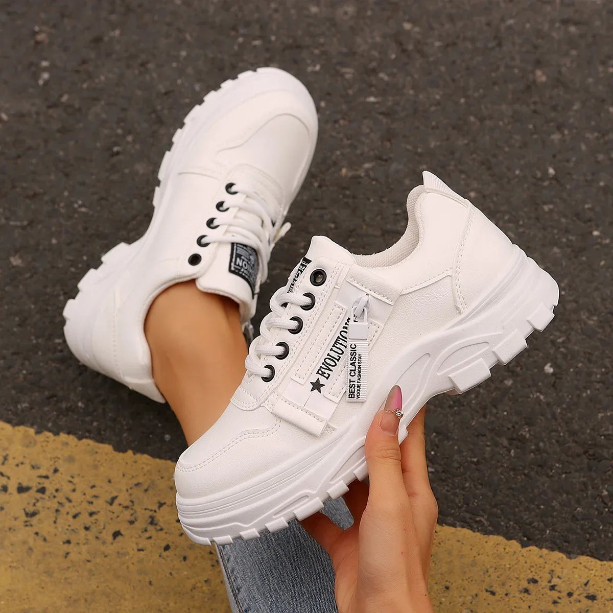 Lace-up Sports Shoes With Side-Zipper Design Fashion Thick-soled Round-toe Casual Shoes For Women Sneakers - DanaFashionstore