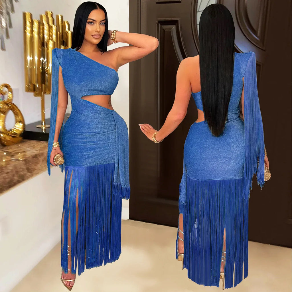 Fashionable Womens Sexy Casual One-Shoulder Tassel Dress - DanaFashionstore