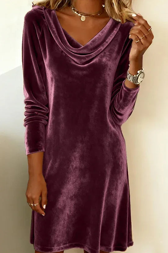 Elegant Solid Color Swing Collar Long Sleeved Velvet Dress Temperament Gentle Skirts For Women Cocktail Party Formal Dresses - DanaFashionstore