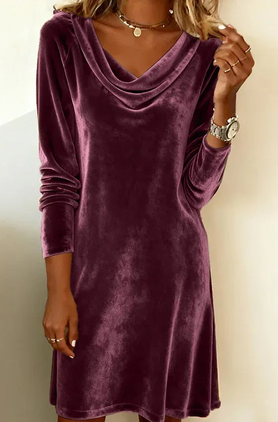 Elegant Solid Color Swing Collar Long Sleeved Velvet Dress Temperament Gentle Skirts For Women Cocktail Party Formal Dresses - DanaFashionstore