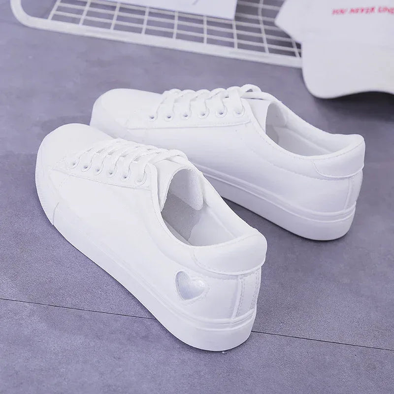 Fashion New Woman PU Leather Shoes Ladies Breathable Cute Heart Flats Casual Shoes White Sneakers - DanaFashionstore