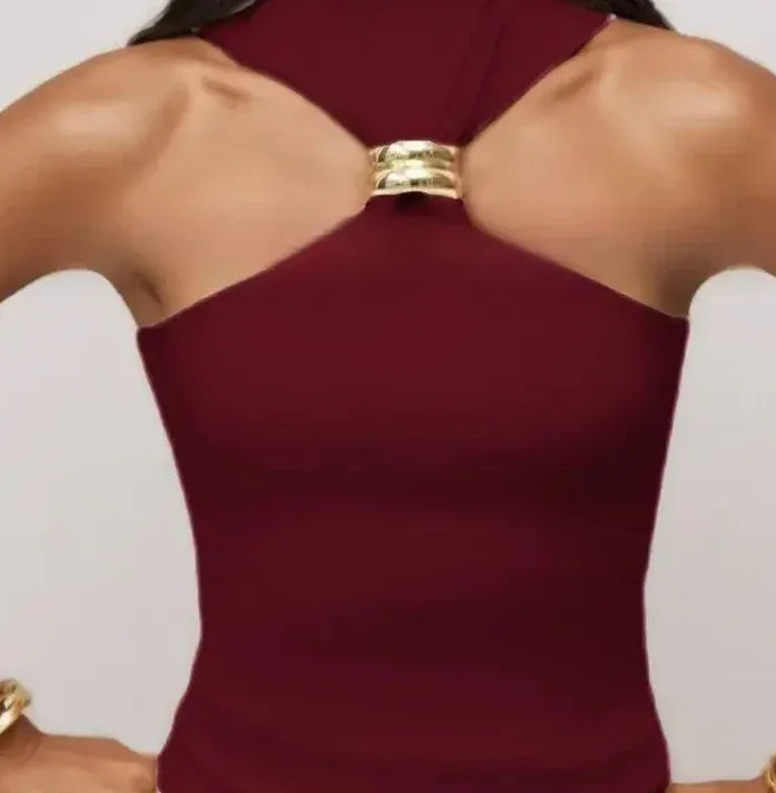 Gold Ring Sleeveless Cold-shoulder Stretch Top - DanaFashionstore