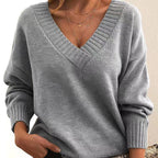Solid V-neck Sweater Fashion Loose Long-sleeved Knitted Tops Autumn And Winter Women's Clothing - DanaFashionstore