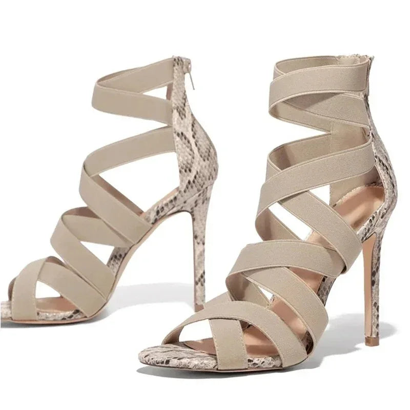 High heels with cross ties snake pattern thin High Heels Sandals - DanaFashionstore