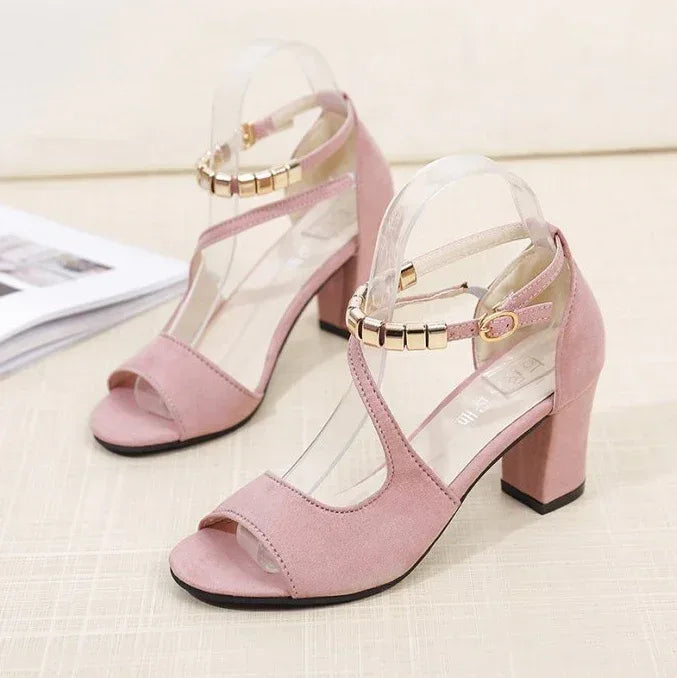 High-heeled suede sandals with buckled chunks with fish mouth sandals - DanaFashionstore