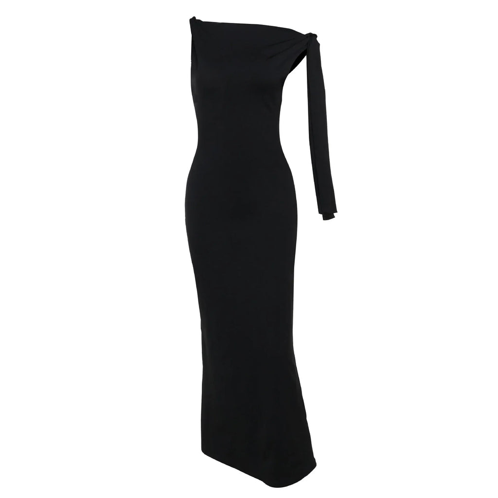 One-shoulder Ribbon Long Dress Ins Fashion Slim Sleeveless Dresses For Evening Party Club Clothing Women - DanaFashionstore