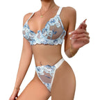 Blue Embroidered Bra Low-cut Sexy Lingerie With Steel Ring - DanaFashionstore