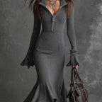 Pleated-collar Flared-sleeve Knitted Mermaid Skirt - DanaFashionstore