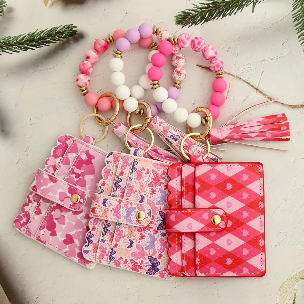 Love Polyurethane Card Holder Silica Gel Key Chain European And American Printed Silicone Beads Bracelet Women's Wallet - DanaFashionstore