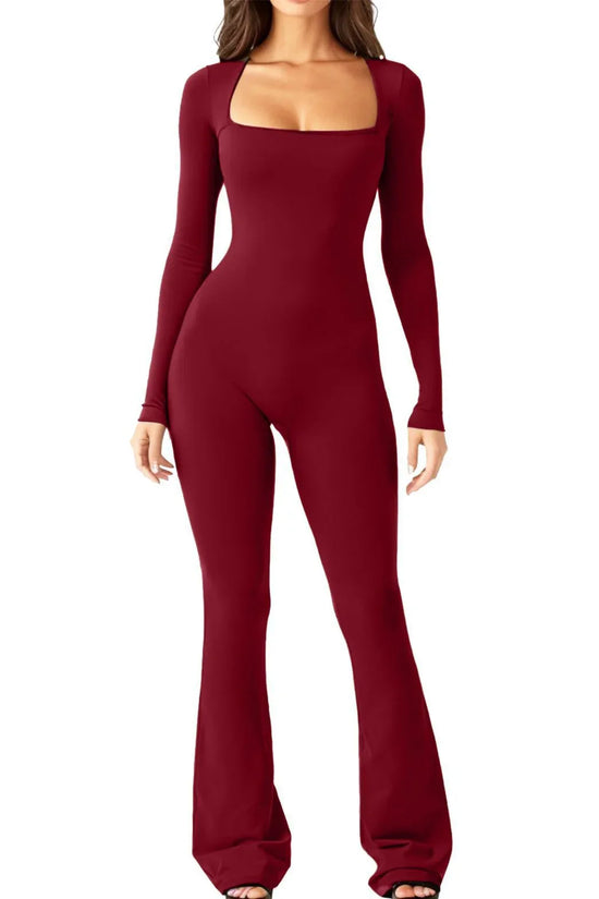 Women Long Sleeve Belly Waist Shaping And Hip Lift Square Collar Wide Leg High Elastic Jumpsuit - DanaFashionstore