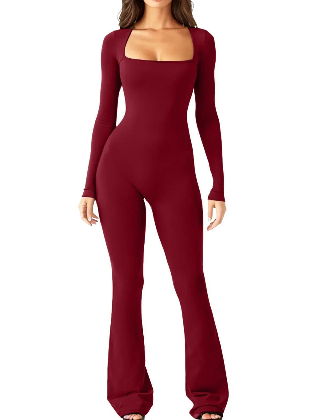 Women Long Sleeve Belly Waist Shaping And Hip Lift Square Collar Wide Leg High Elastic Jumpsuit - DanaFashionstore