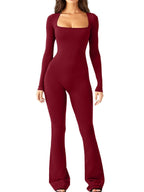 Women Long Sleeve Belly Waist Shaping And Hip Lift Square Collar Wide Leg High Elastic Jumpsuit - DanaFashionstore
