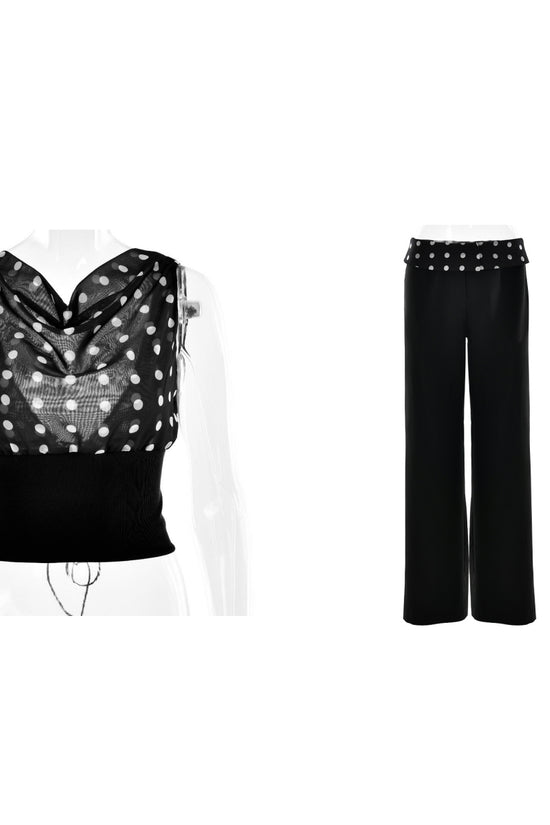 Polka Dots Print Oblique Shoulder Tops Summer Patchwork Chiffon Crop Top Women Sexy Sleeveless Lace Up Backless Blouse Casual Streetwear Tee