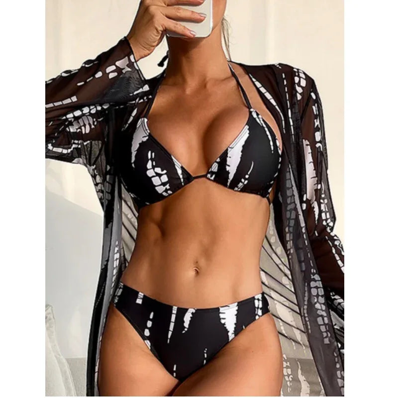 European And American Bikini Three-piece Mesh Long Sleeve Sun-proof Vacation Hot Spring Bathing Suit - DanaFashionstore