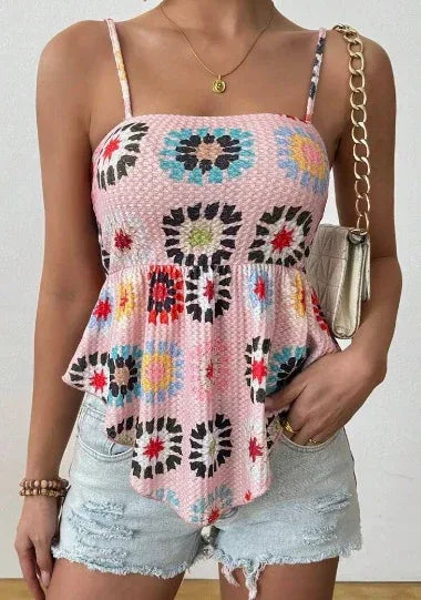 Women's Vacation Hibiscus Printed Ruffle Hem Casual Camisole Top Graphic Tees - DanaFashionstore