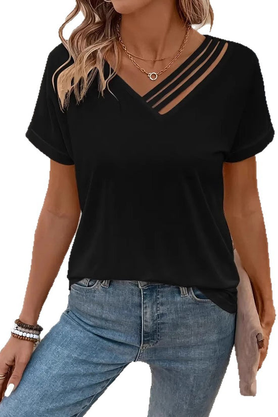Women's Summer V-neck Slim-fit Short-sleeved Cross Bag Collar Top