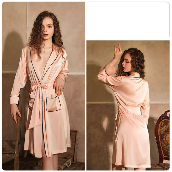 Imitation Silk Private Room Mid-length Nightgown Bathrobe Set - Dana Fashion