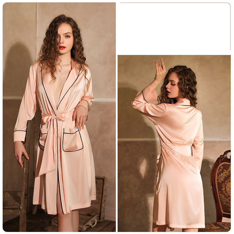 Imitation Silk Private Room Mid-length Nightgown Bathrobe Set - Dana Fashion