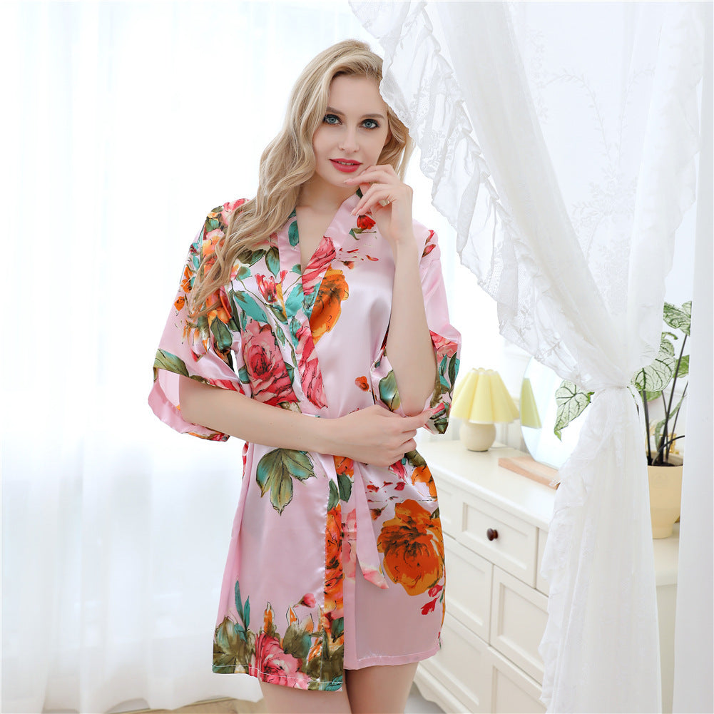 Hand-painted peony simulation silk nightgown - Dana Fashion